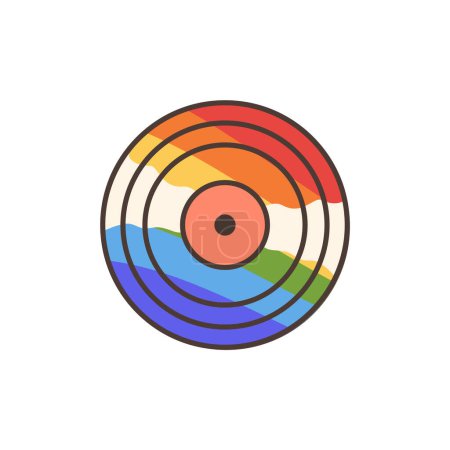 Schallplatten-Ikone mit LGBT Pride Rainbow Flaggenmuster. Illustration im Cartoon-Stil. 70er Jahre Retro Cliparts Vektor Design.