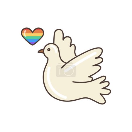 Peace flying dove with LGBT colored heart icon. Illustration in cartoon style. 70s retro clipart vector design.