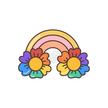 Rainbow icon with flowers in LGBT flag colors. Illustration in cartoon style. 70s retro clipart vector design.