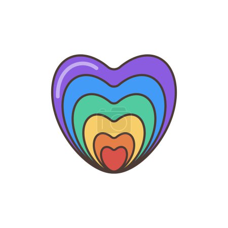 GBTQ Pride Heart. Herz mit LGBT Pride Rainbow Flag Pattern. Flache Illustration im groovy 70er Jahre Stil. 