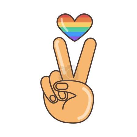 Handgeste V-Zeichen als Sieg oder Frieden mit LGBT-farbigem Herzen, Symbol. Illustration im Cartoon-Stil. 70er Jahre Retro Cliparts Vektor Design.