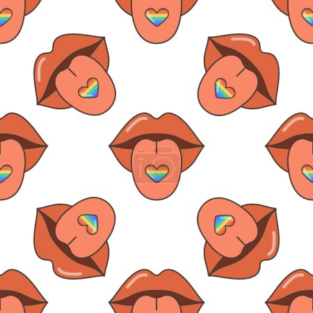 Ein Mund mit Lippen und einem Herz auf der Zunge, nahtloses Muster. Das Herz ist in den Farben der LGBT-Flagge gehalten. Eine flache Illustration im Stil der 70er Jahre.