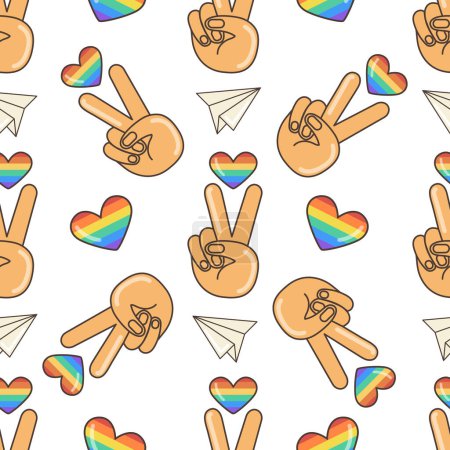 Handgeste V-Zeichen als Sieg oder Frieden mit LGBT farbigem Herzen, nahtlosem Muster. Illustration im Cartoon-Stil. 70er Jahre Retro Cliparts Vektor Design.