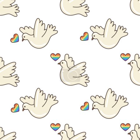 Peace flying dove with LGBT colored heart, seamless pattern. Illustration in cartoon style. 70s retro clipart vector design.