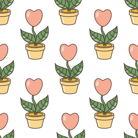 Seamless pattern of heart shaped flower in a flower pot. Illustration in cartoon style. 70s retro clipart vector design.