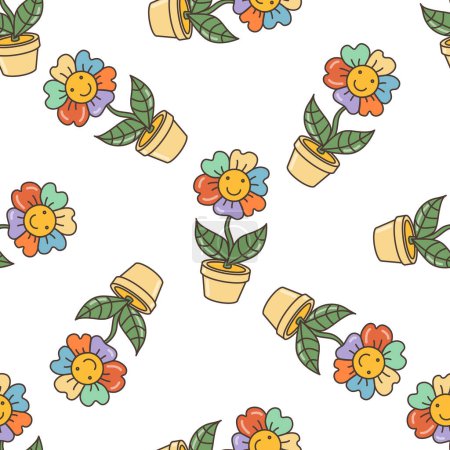 Seamless pattern of smiling multicolored daisy in a flower pot. Illustration in cartoon style. 70s retro clipart vector design.