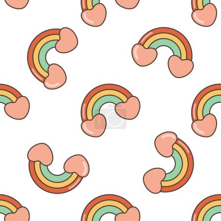 Rainbow with hearts seamless pattern. Illustration in cartoon style. 70s retro clipart vector design.