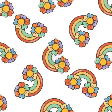 Regenbogen mit Blumen nahtlosem Muster. Illustration im Cartoon-Stil. 70er Jahre Retro Cliparts Vektor Design.