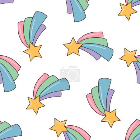 Star with colored tail seamless pattern. Illustration in cartoon style. 70s retro clipart vector design.	