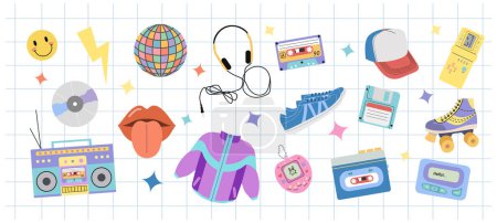 Classic y2k, 90s and 2000s aesthetic. Flat style set of vintage elements. Hand-drawn vector illustration on background of checkered notebook sheet. Patch, sticker, badge, emblem.