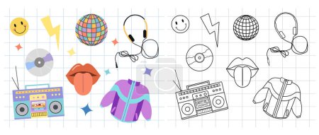 Classic y2k, 90s and 2000s aesthetic. Flat and outline style set of vintage elements. Hand-drawn vector illustration on background of checkered notebook sheet. Patch, sticker, badge, emblem.	
