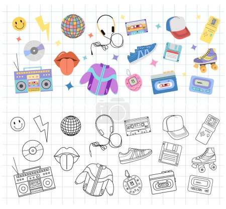 Classic y2k, 90s and 2000s aesthetic. Flat and outline style set of vintage elements. Hand-drawn vector illustration on background of checkered notebook sheet. Patch, sticker, badge, emblem.