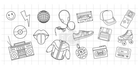 Classic y2k, 90s and 2000s aesthetic. Outline style set of vintage elements. Hand-drawn vector illustration on background of checkered notebook sheet. Patch, sticker, badge, emblem.