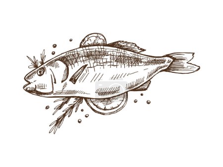 Hand-drawn monochrome vector sketch of barbecue fish. Doodle vintage illustration. Decorations for the menu of cafes and labels. Engraved image.	