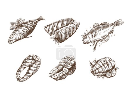 Hand-drawn monochrome vector sketch of barbecue fish and pieces of barbecue salmon steaks. Doodle vintage illustration. Decorations for the menu of cafes and labels. Engraved image.