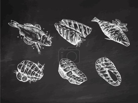 Hand-drawn monochrome vector sketch of barbecue fish and pieces of barbecue salmon steaks. Vintage illustration on chalkboard background. Decorations for menu. 