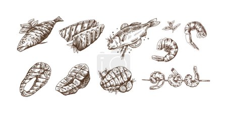 Hand-drawn monochrome vector sketch of barbecue fish and pieces of barbecue salmon steaks, prawns, shrimps. Doodle vintage illustration. Decorations for the menu of cafes and labels. 