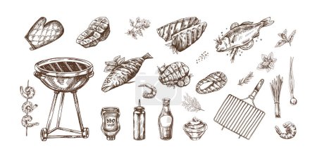 A set of hand-drawn monochrome sketches of barbecue and picnic elements, barbecue grill, tools, grilled fish, fish steaks. For the design of menu of cafes. Doodle vintage illustration.