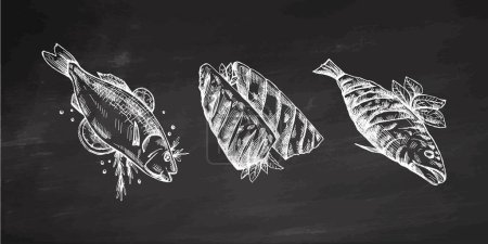 Hand-drawn monochrome vector sketch of barbecue fish. Doodle vintage illustration on chalkboard background. Decorations for the menu of cafes. Engraved image.