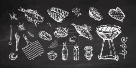 A set of hand-drawn sketches of barbecue and picnic elements, barbecue grill, tools, grilled fish, fish steaks. For the design of menu. Vintage illustration on chalkboard background.
