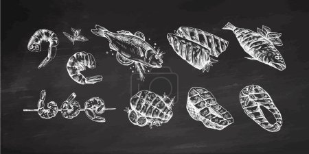 Hand-drawn vector sketch of barbecue fish and pieces of barbecue salmon steaks, prawns, shrimps. Doodle vintage illustration on chalkboard background. Decorations for the menu. 