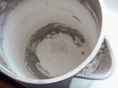 Photo for Kettle with white limescale surface - hard water concept. A white, chalky residue from deposit of calcium carbonate. - Royalty Free Image