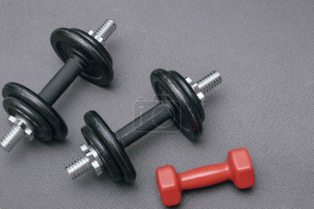 Dumbbells on a gray sports mat. Sports concept - gray mat, two black dumbbells. Active lifestyle sport. Workout at home or gym Poster 645849626