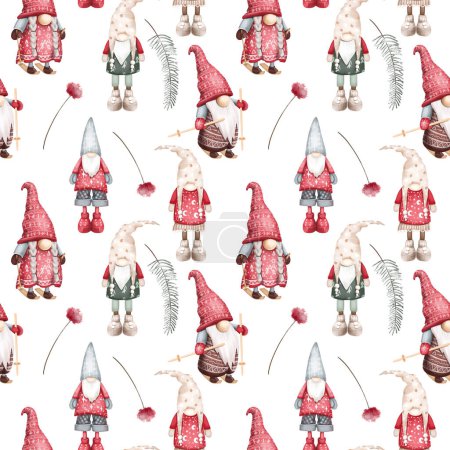 Téléchargez les photos : Gnomes scandinaves de Noël et éléments forestiers d'hiver motif sans couture, illustration dessinée à la main sur un fond blanc - en image libre de droit