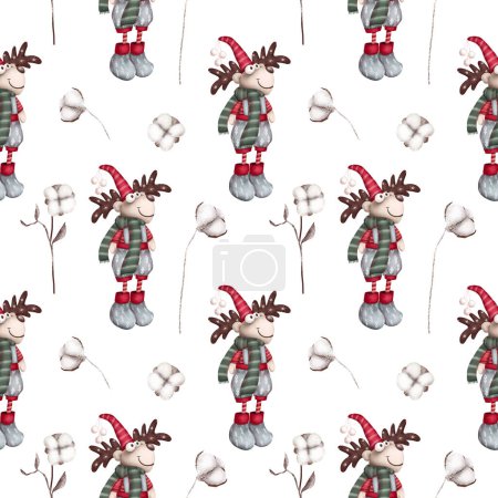 Téléchargez les photos : Cerf de Noël et fleurs de coton motif sans couture, illustration dessinée à la main sur un fond blanc - en image libre de droit