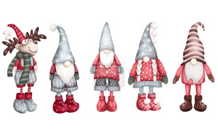 Téléchargez les photos : Ensemble de gnomes scandinaves de Noël et cerfs, Noël hiver gnomes clipart, illustration isolée sur fond blanc - en image libre de droit