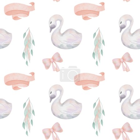 Photo for Seamless pattern of watercolor fairy tale princess swan, illustration on a white background - Royalty Free Image