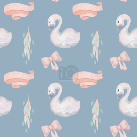 Photo for Seamless pattern of watercolor fairy tale princess swan, illustration on a blue background - Royalty Free Image