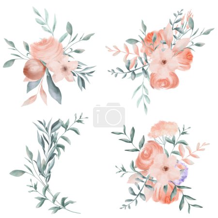 Foto de Conjunto de ramos de flores rosadas, clipart floral simple, ilustración aislada sobre fondo blanco - Imagen libre de derechos