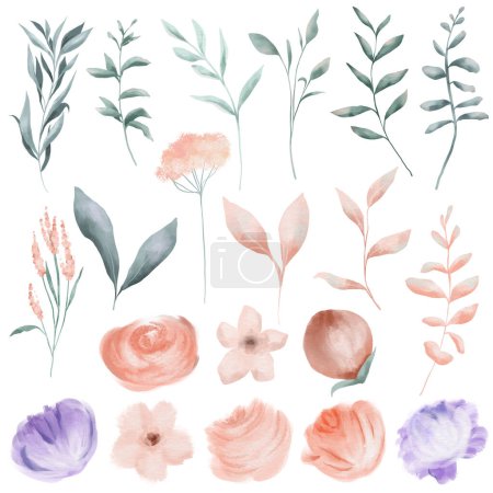 Téléchargez les photos : Ensemble de fleurs roses et violettes et de branches vertes, simple clipart floral, illustration isolée sur fond blanc - en image libre de droit