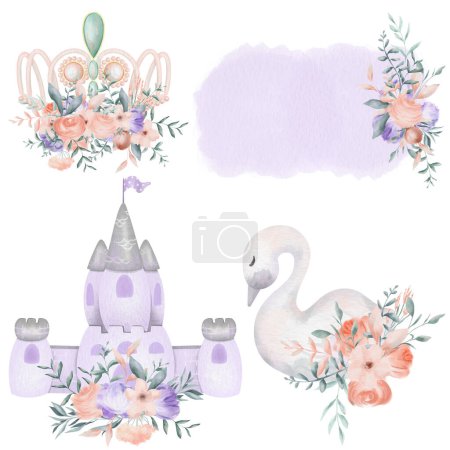 Photo for Set of watercolor fairy tale elements of princess story (purple castle, princess swan, crown) , isolated illustration on a white background, baby shower girl clipart, birthday clipart - Royalty Free Image