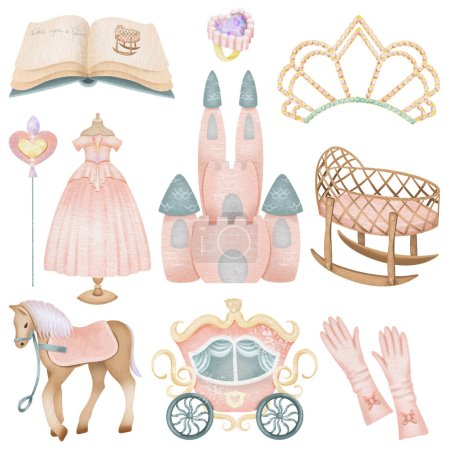 Set of watercolor princess elements, pink princess dress, castle, crown etc, isolated illustration on a white background, baby shower girl clipart, birthday clipart