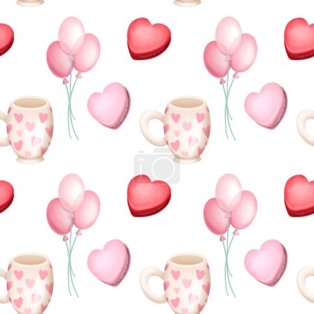 Photo for Seamless pattern with oink air balloons, mug and macaroons, illustration on white background, Valentine's Day print - Royalty Free Image