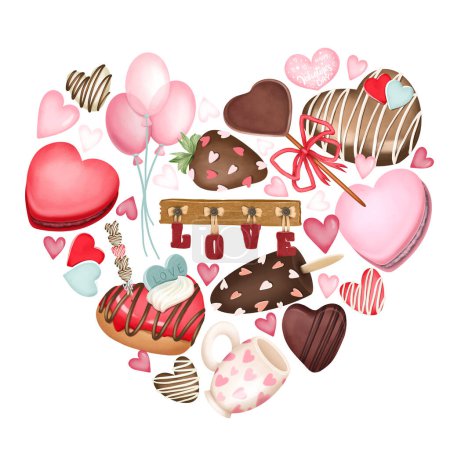 Foto de Composición de corazón de elementos rosados lindos para el Día de San Valentín, plantilla de tarjeta de felicitación para el Día de San Valentín, ilustración aislada sobre fondo blanco - Imagen libre de derechos
