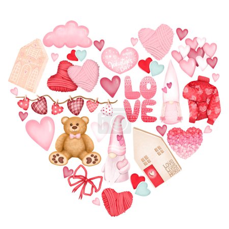 Téléchargez les photos : Composition de coeur d'éléments roses mignons à la Saint-Valentin, modèle de carte de voeux à la Saint-Valentin, illustration isolée sur fond blanc - en image libre de droit