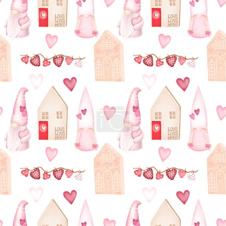 Téléchargez les photos : Motif sans couture avec de jolies maisons en bois et gnomes, illustration sur fond blanc, imprimé Saint-Valentin - en image libre de droit