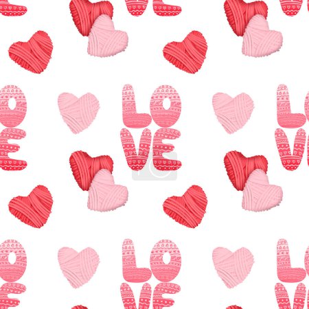 Foto de Patrón sin costuras con corazones rosados y rojos de hilo e inscripción LOVE, ilustración sobre fondo blanco, San Valentín print - Imagen libre de derechos