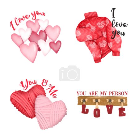 Téléchargez les photos : Illustrations d'éléments mignons avec des inscriptions sur l'amour, modèle de texte pour la carte de vœux à la Saint-Valentin - en image libre de droit