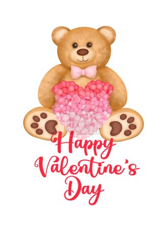 Foto de Plantilla de tarjeta de felicitación con lindo osito de peluche con corazón rosa para el Día de San Valentín, Feliz Día de San Valentín - Imagen libre de derechos