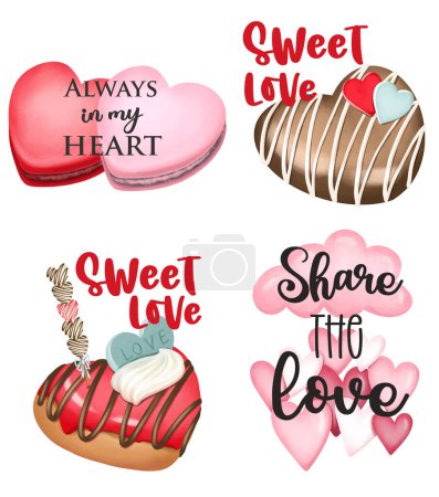 Téléchargez les photos : Illustrations de desserts sucrés avec inscriptions sur l'amour, modèle de texte pour la carte de voeux à la Saint-Valentin - en image libre de droit