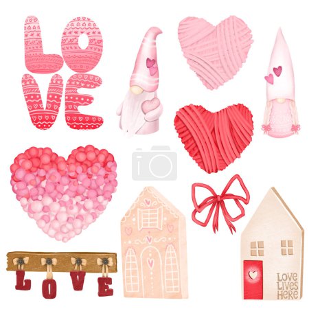 Set of cute pink illustrations to Valentine's Day (pink and red hearts, cute gnomes, wooden houses), isolated illustration on white background