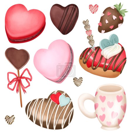 Photo for Set of sweet desserts to Valentine's Day (pink and red macarons, donuts, chocolate candies and strawberries in chocolate), isolated illustration on white background - Royalty Free Image