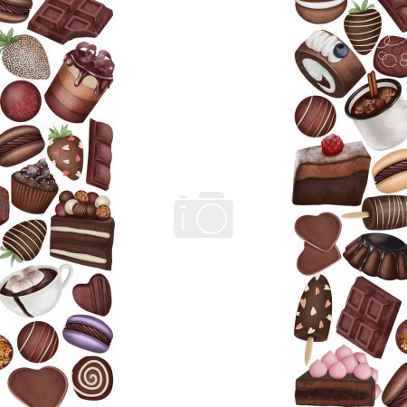 Téléchargez les photos : Borders of aesthetic chocolate cakes, candies and sweets, hand drawn illustration on white background; flyer, poster, menu background - en image libre de droit