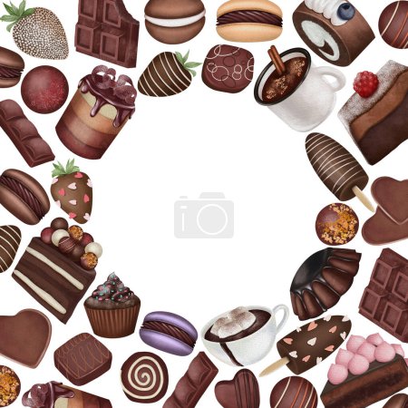 Téléchargez les photos : Card template of aesthetic chocolate cakes, candies and sweets, hand drawn illustration on white background; flyer, poster, menu background - en image libre de droit