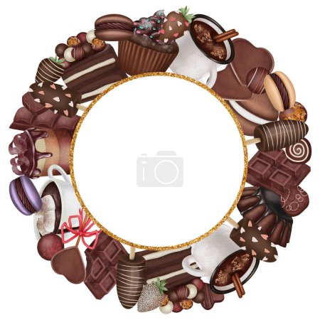 Foto de Round frame of aesthetic chocolate cakes, candies and sweets, hand drawn illustration on white background; flyer, poster, menu background - Imagen libre de derechos