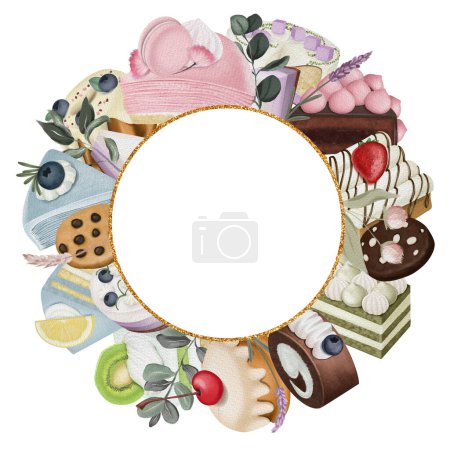 Foto de Round frame of aesthetic cakes and pastry, hand drawn illustration on white background; flyer, poster, menu background - Imagen libre de derechos